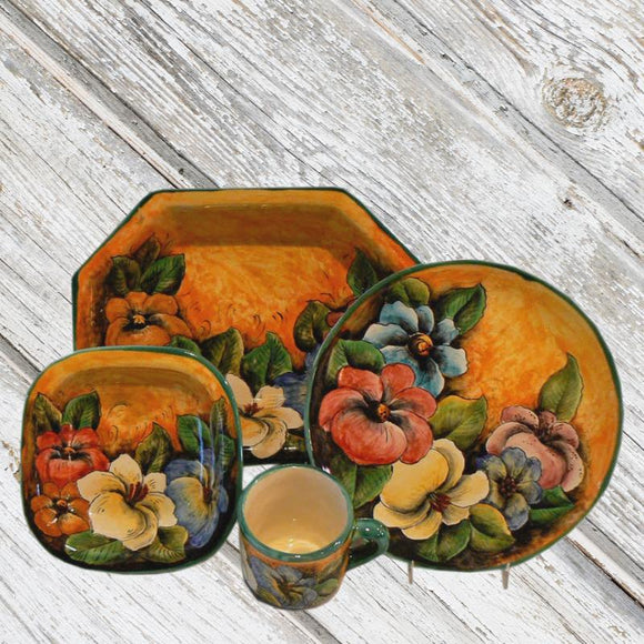  Rustica Gift and Pottery Colores Collection Mayolica Mexican pottery dinnerware plates mugs cups soup bowls appetizer and salad plates servingware platters and casserole dishes