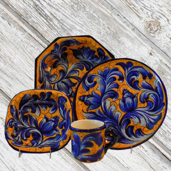 Rustica Gift and Pottery Azul Collection Mayolica Mexican pottery dinnerware plates mugs cups soup bowls appetizer and salad plates servingware platters and casserole dishes