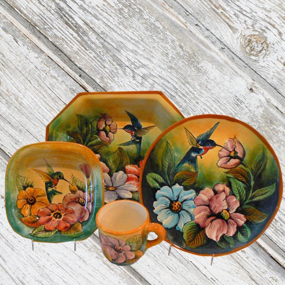 Rustica Gift and Pottery Colbri Collection Mayolica Mexican pottery dinnerware plates mugs cups soup bowls appetizer and salad plates servingware platters and casserole dishes