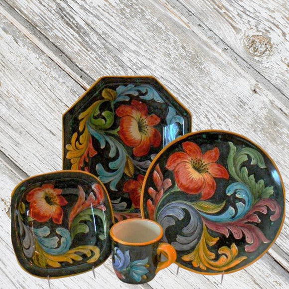 Rustica Gift and Pottery Flores Collection Mayolica Mexican pottery dinnerware plates mugs cups soup bowls appetizer and salad plates servingware platters and casserole dishes