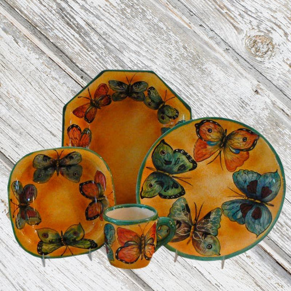  Rustica Gift and Pottery Rustica Collection Mariposas Mayolica Mexican pottery dinnerware plates mugs cups soup bowls appetizer and salad plates servingware platters and casserole dishes