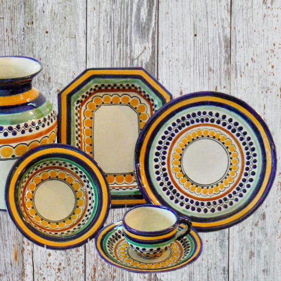 Rustica Gift and Pottery Ondo Collection Talavera dinnerware plates mugs cups soup bowls appetizer and salad plates servingware platters and casserole dishes