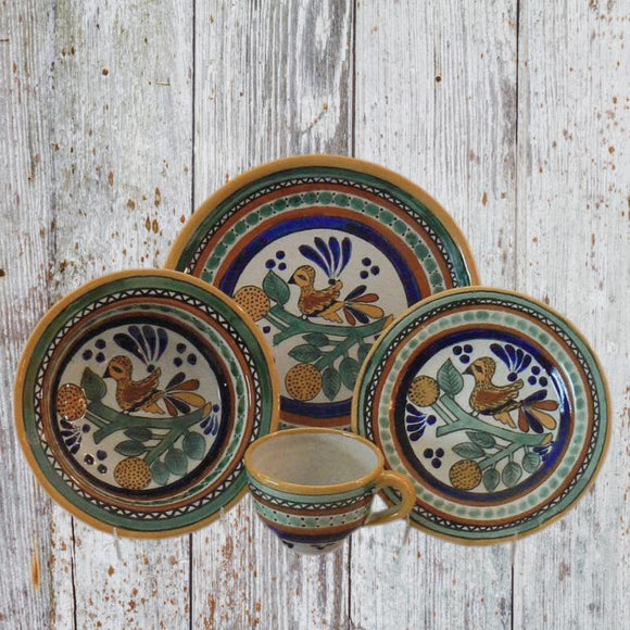Rustica Gift and Pottery Pajaro Collection Talavera dinnerware plates mugs cups soup bowls appetizer and salad plates servingware platters and casserole dishes