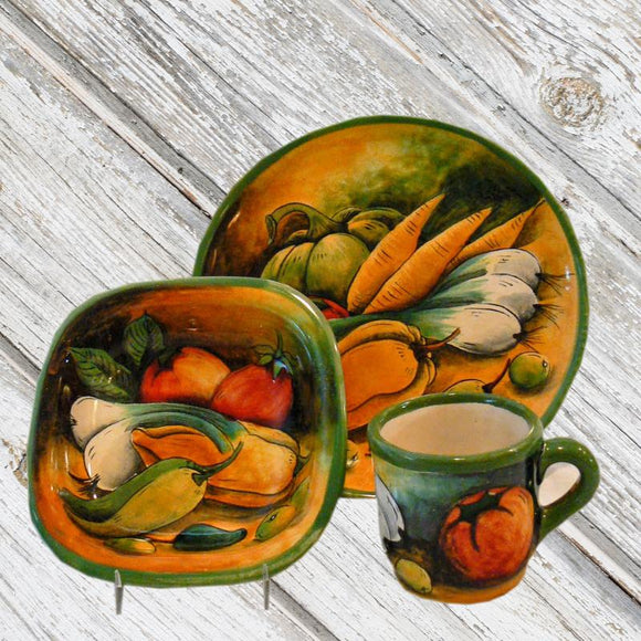 Rustica Gift and Pottery Rustica Collection Verdura Mayolica Mexican pottery dinnerware plates mugs cups soup bowls appetizer and salad plates servingware platters and casserole dishes
